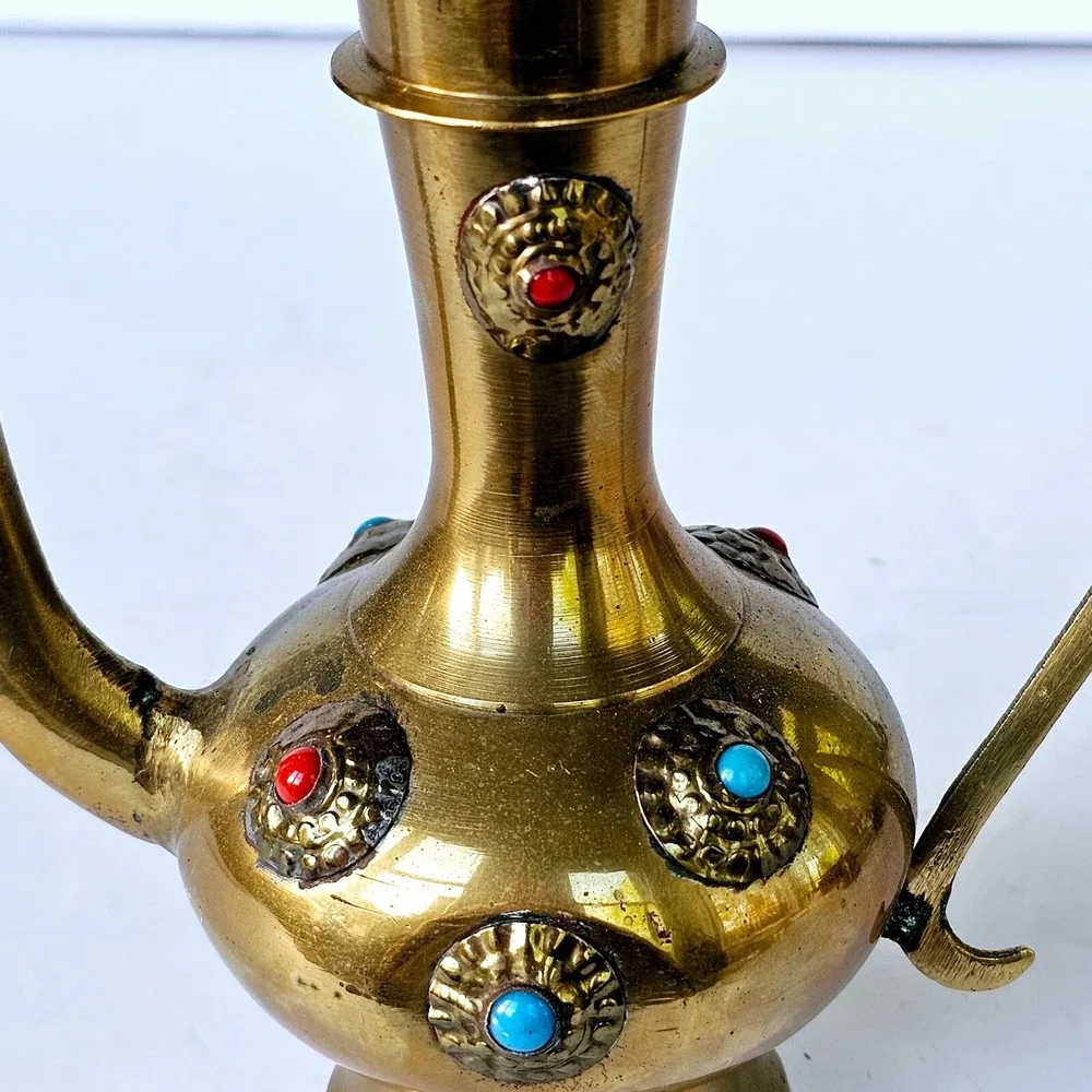 Vintage Brass Dallah Coffee Pot Turquoise Coral Accents Middle Eastern Decor 8in